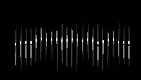 Animation-of-music-equalizers,-vertical-white-shape-bar-lines-on-black-background,-pulsating-and-moving-up-and-down,-overlay-video-with-alpha-blending-option