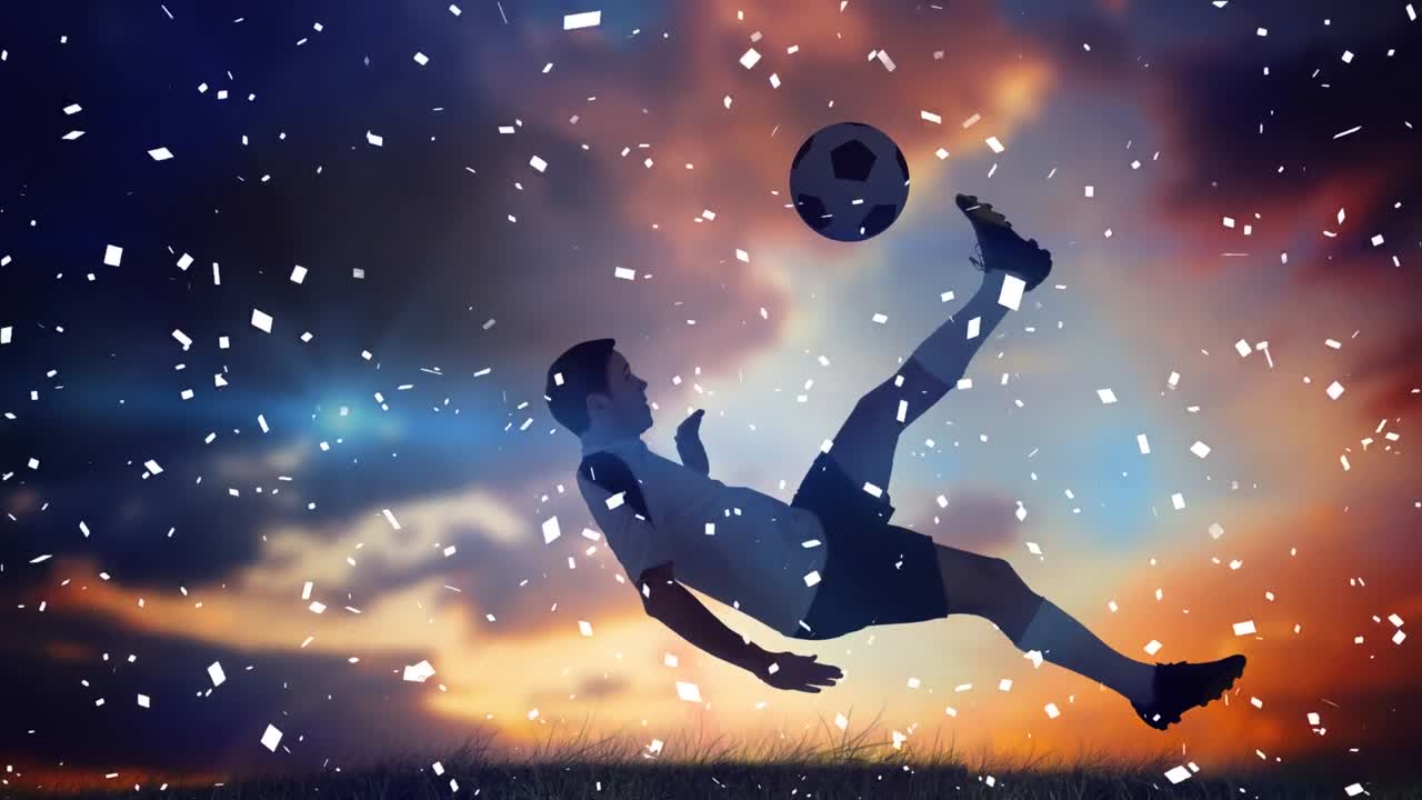 해가 지는 동안 떠다니는 코카시안 축구 선수의 콘페티 애니메이션