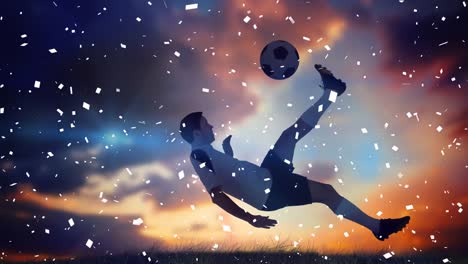 animation of confetti floating caucasian soccer player at sunset