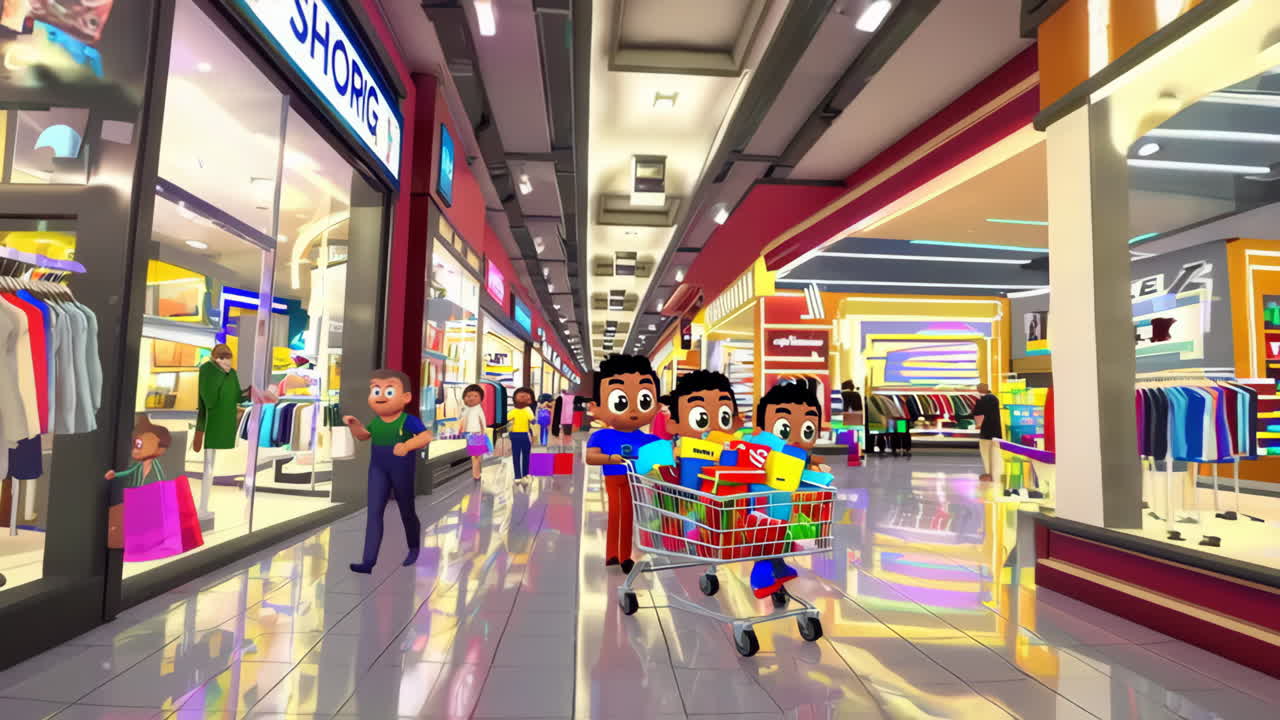 Animated children shopping in a vibrant mall