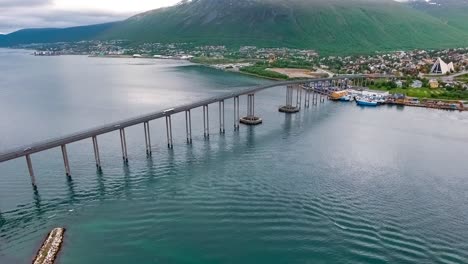 Bridge-of-city-Tromso,-Norway-Aerial-footage