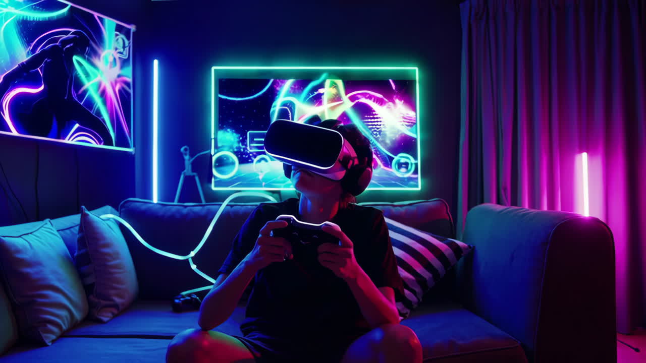 Teenager gaming in VR headset with neon lights