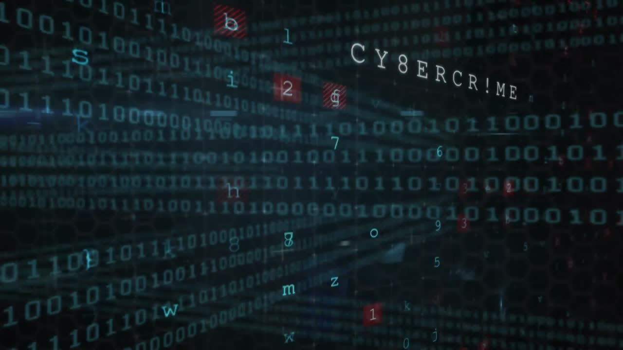 Animation of cyber attack warning over data processing on black background