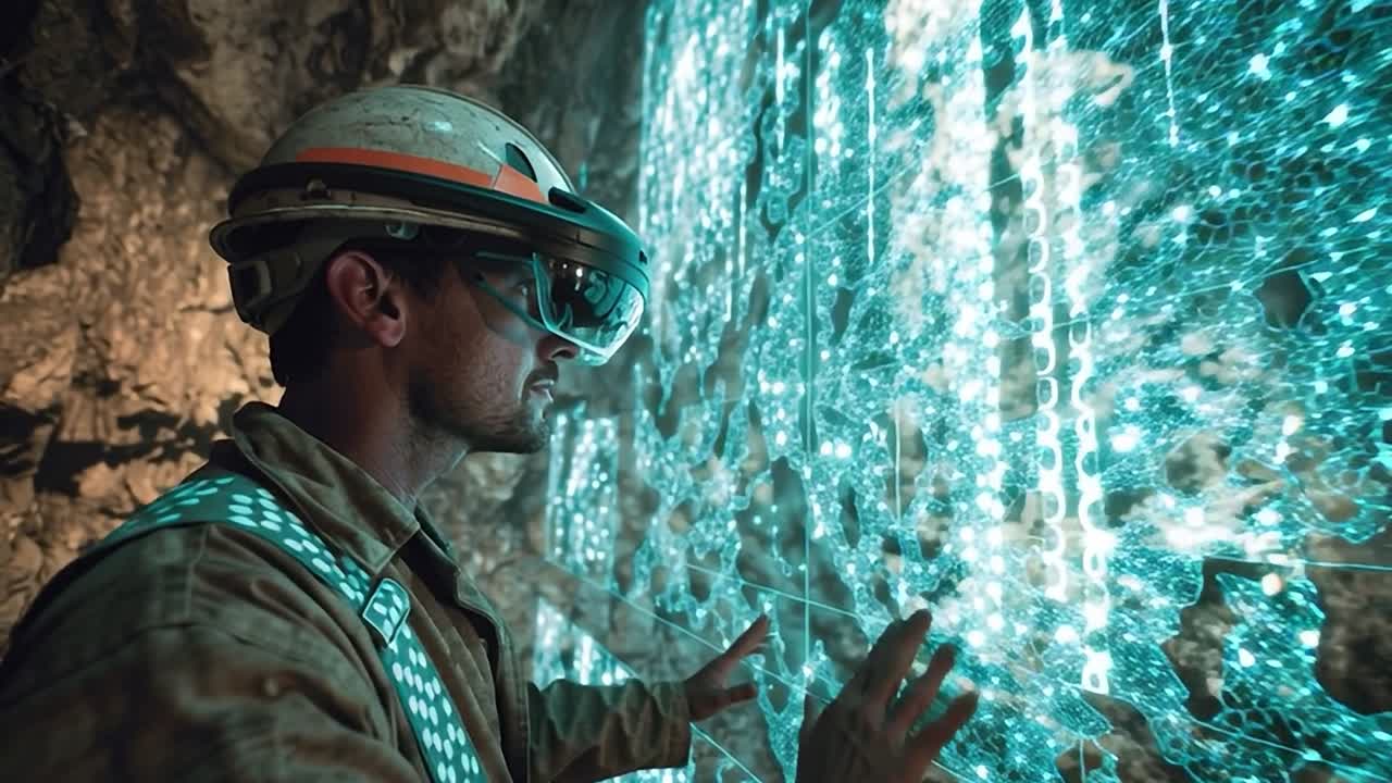 Miner interacts with augmented reality display in underground tunnel