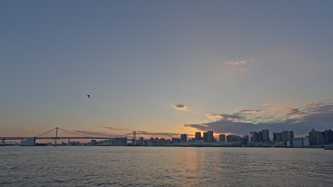 Wide-angle shot of the illuminated Rainbow Bridge and the Tokyo skyline against a calm, blue twilight sky