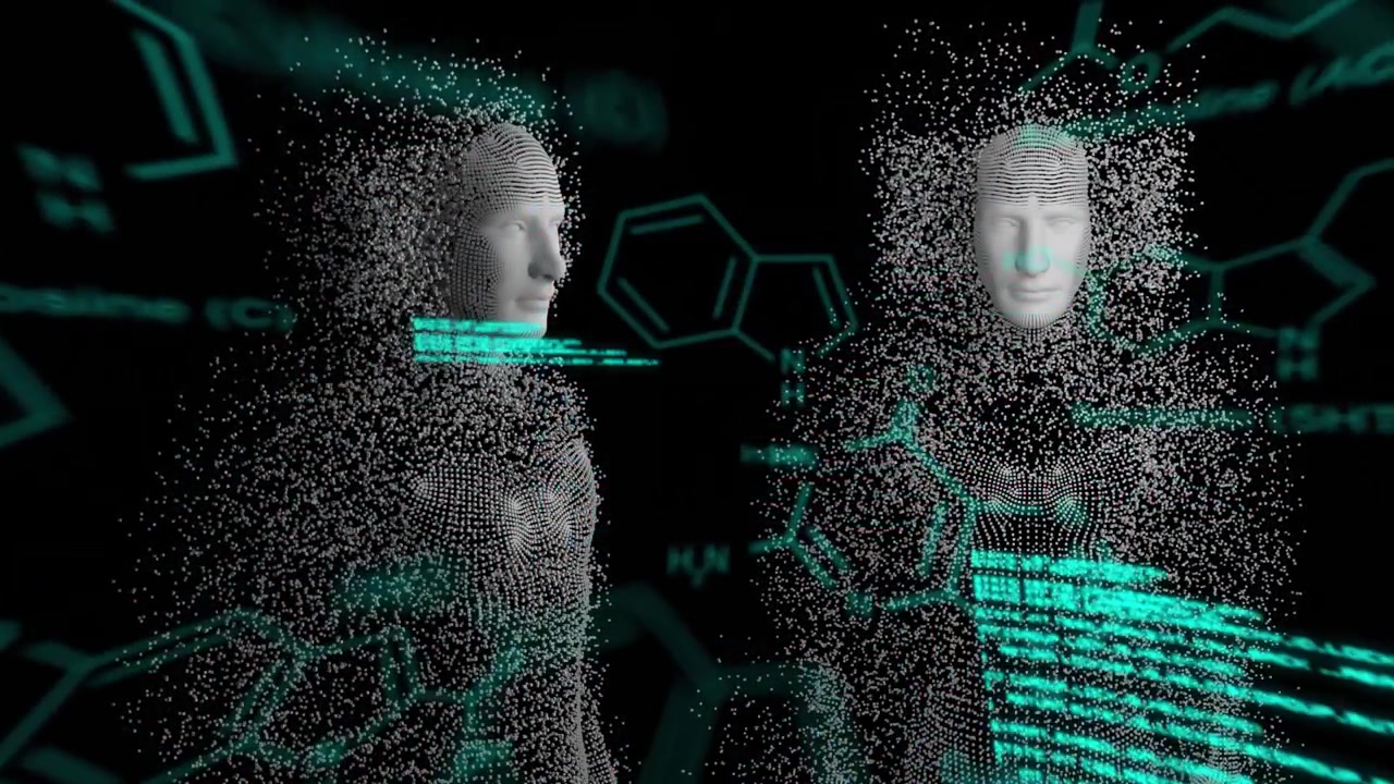 Animazione di elaborazione dati diversificata su modelli umani su sfondo digitale nero