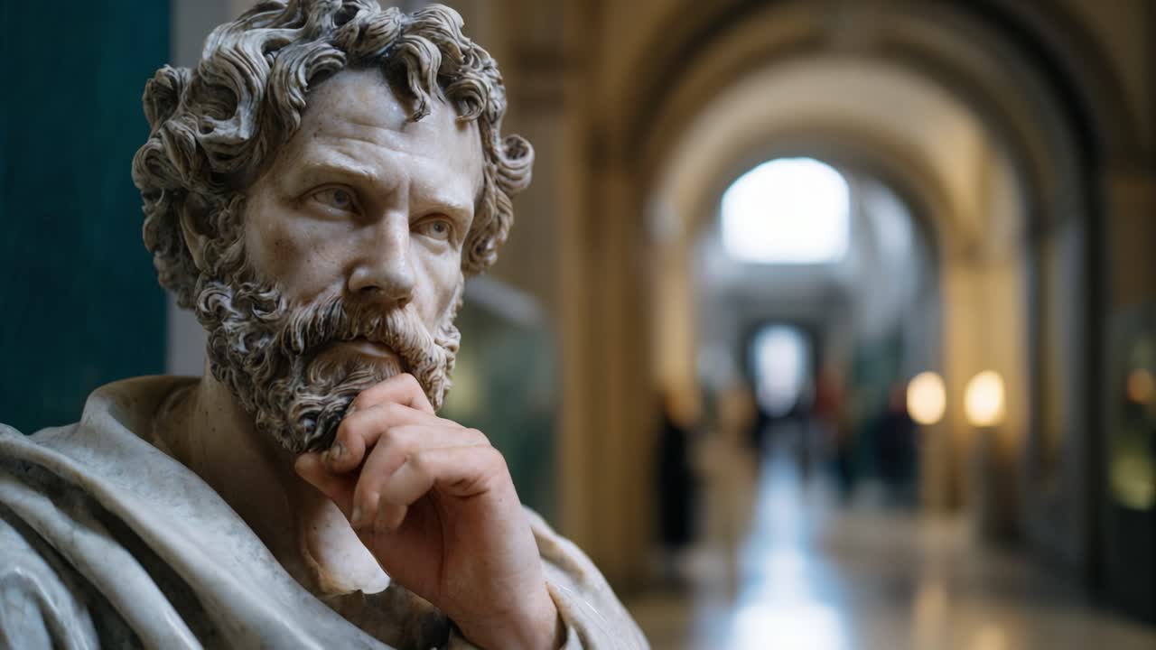 En tankefuld skulptur: Nærbillede af en klassisk statue, der udstråler dyb eftertænksomhed og visdom i elegante museumsrammer