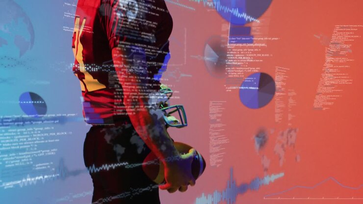 Animation of data processing over caucasian american football player