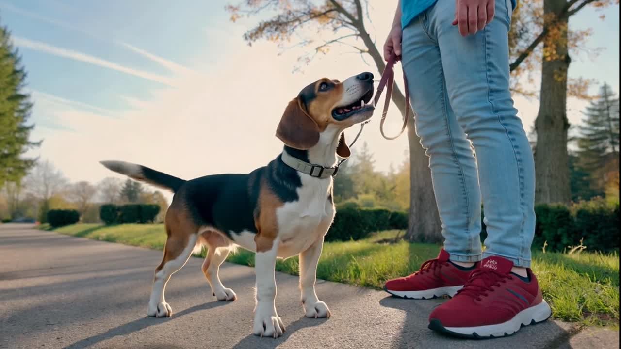 Happy Beagle Dog Looking Up at its Owner During a Sunny Walk.