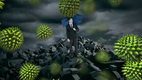 Multiple-covid-19-cells-floating-over-businessman-holding-an-umbrella-standing-on-broken-rocks