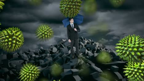 multiple covid-19 cells floating over businessman holding an umbrella standing on broken rocks