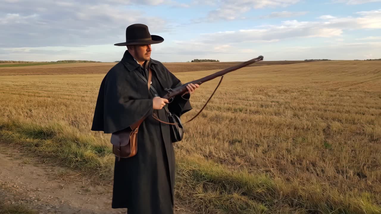 Man in Historical Hunter's Attire Aims Rifle in Open Field