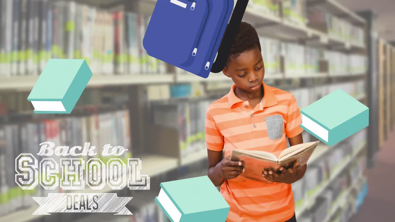 Animation of welcome back to school text and books falling over african american schoolboy with book