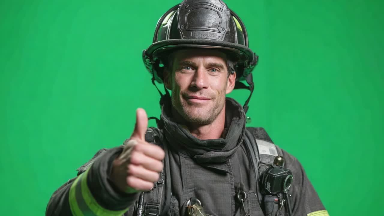 A confident firefighter giving a thumbs-up, showcasing bravery and readiness in full gear against a vibrant green backdrop, embodying the spirit of heroism and dedication