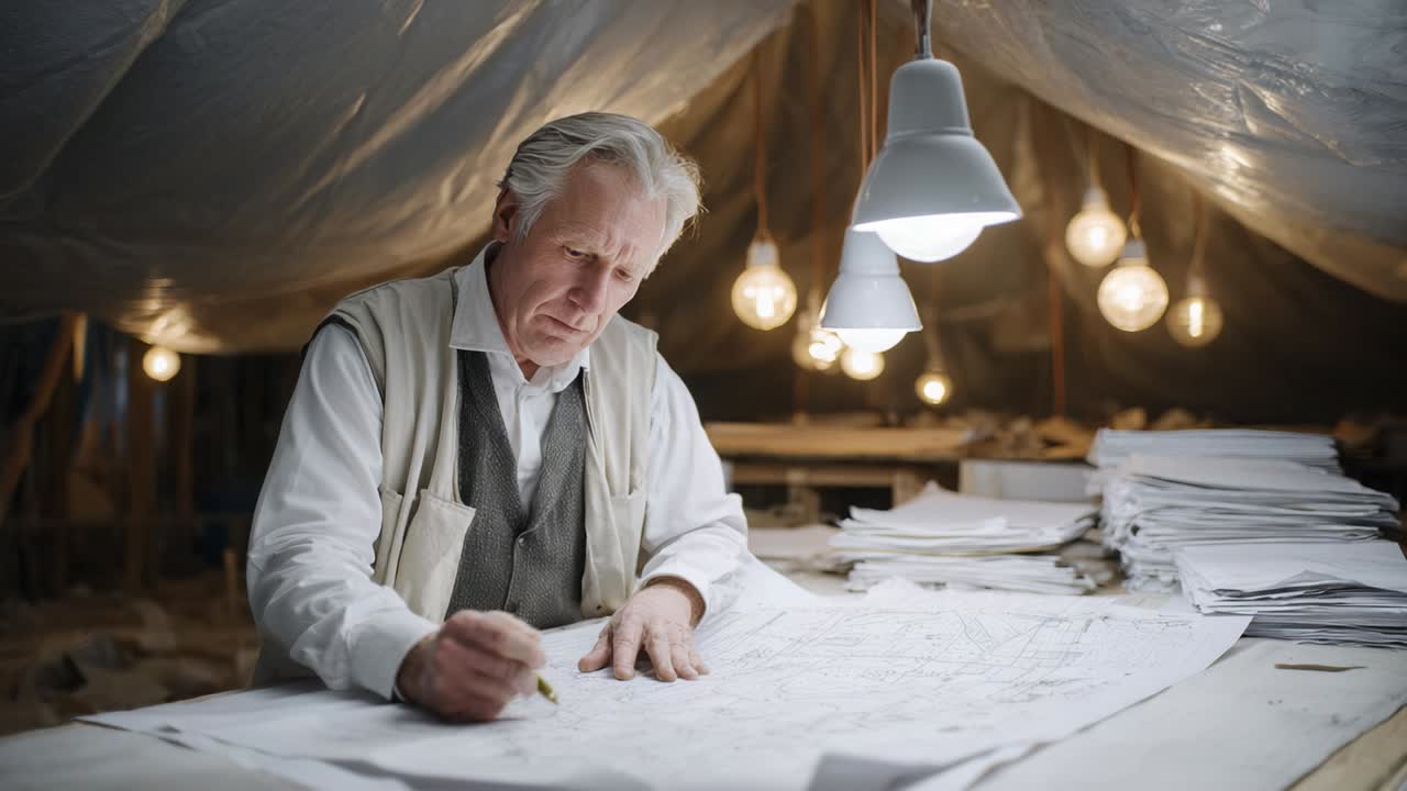 A skilled architect meticulously sketches blueprints in a dimly lit workshop, illuminated by soft pendant lights and surrounded by piles of paper and plans