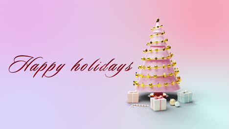 animation of happy holidays text over christmas tree on pink background