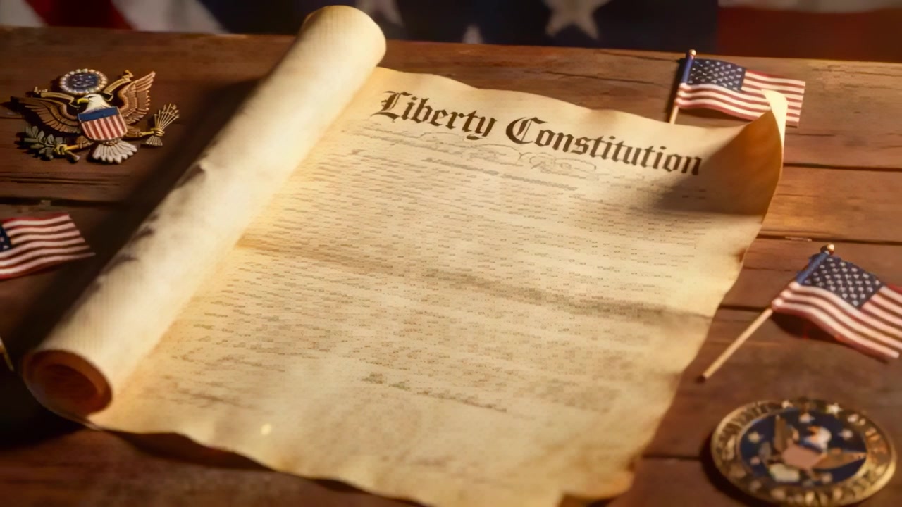 Unrolling aged Liberty Constitution scroll on planks, camera sweeping to reveal printed text, flags