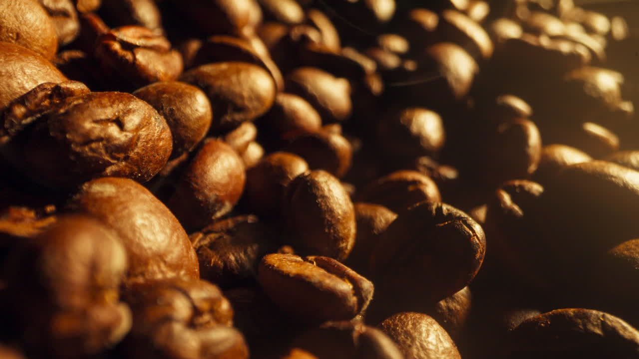 Detailed close up of coffee beans with golden reflection. Gourmet food