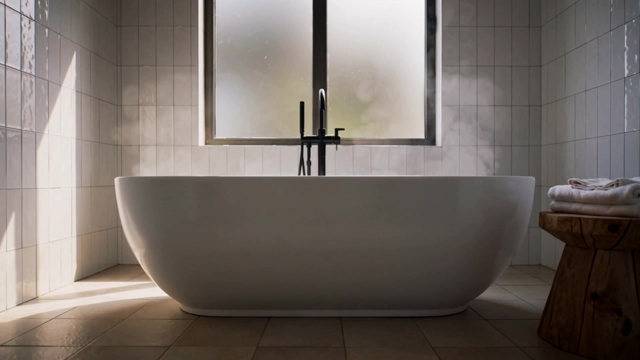 Running black faucet sending steam over white tub in bathroom, with fogged window and towels