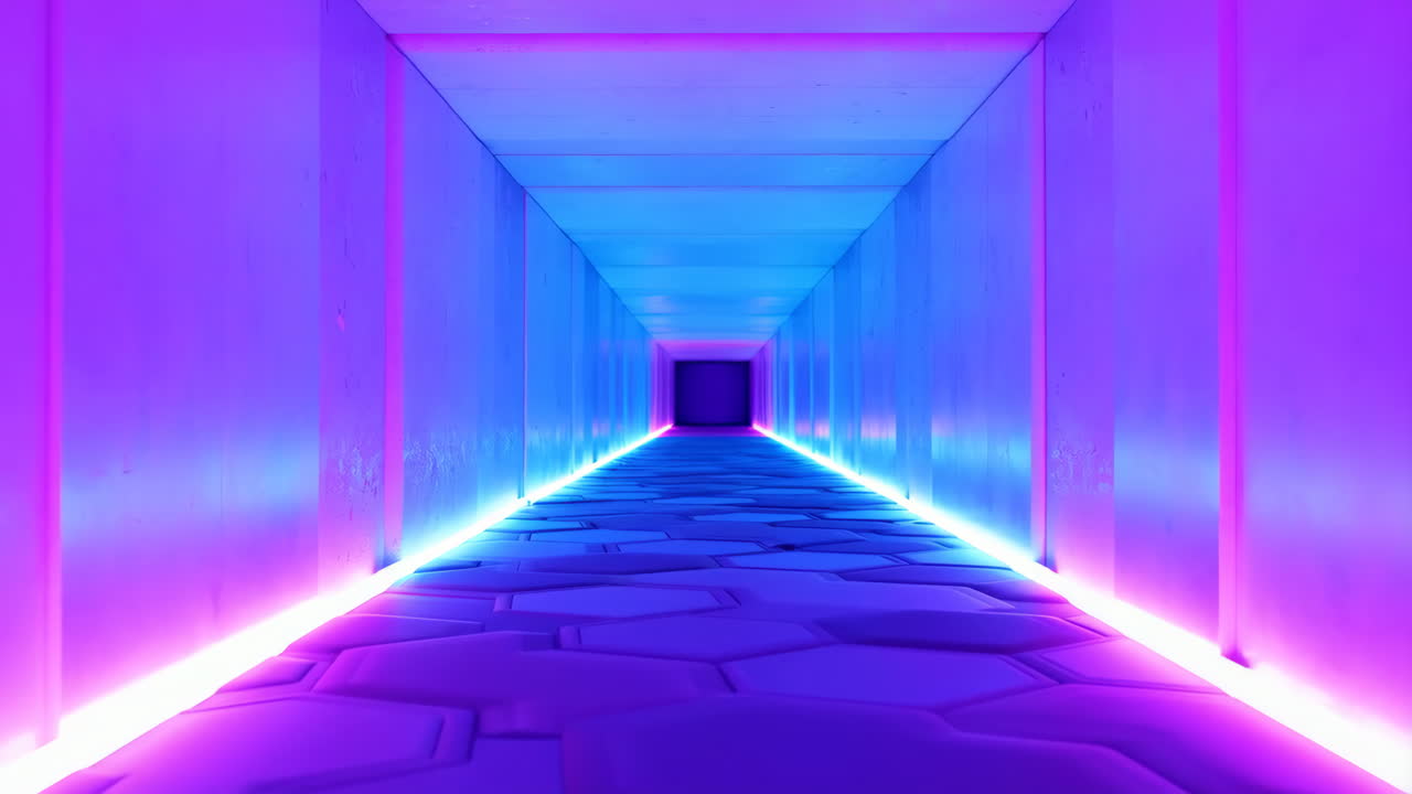 Muovendosi in un futuristico corridoio viola neon e blu