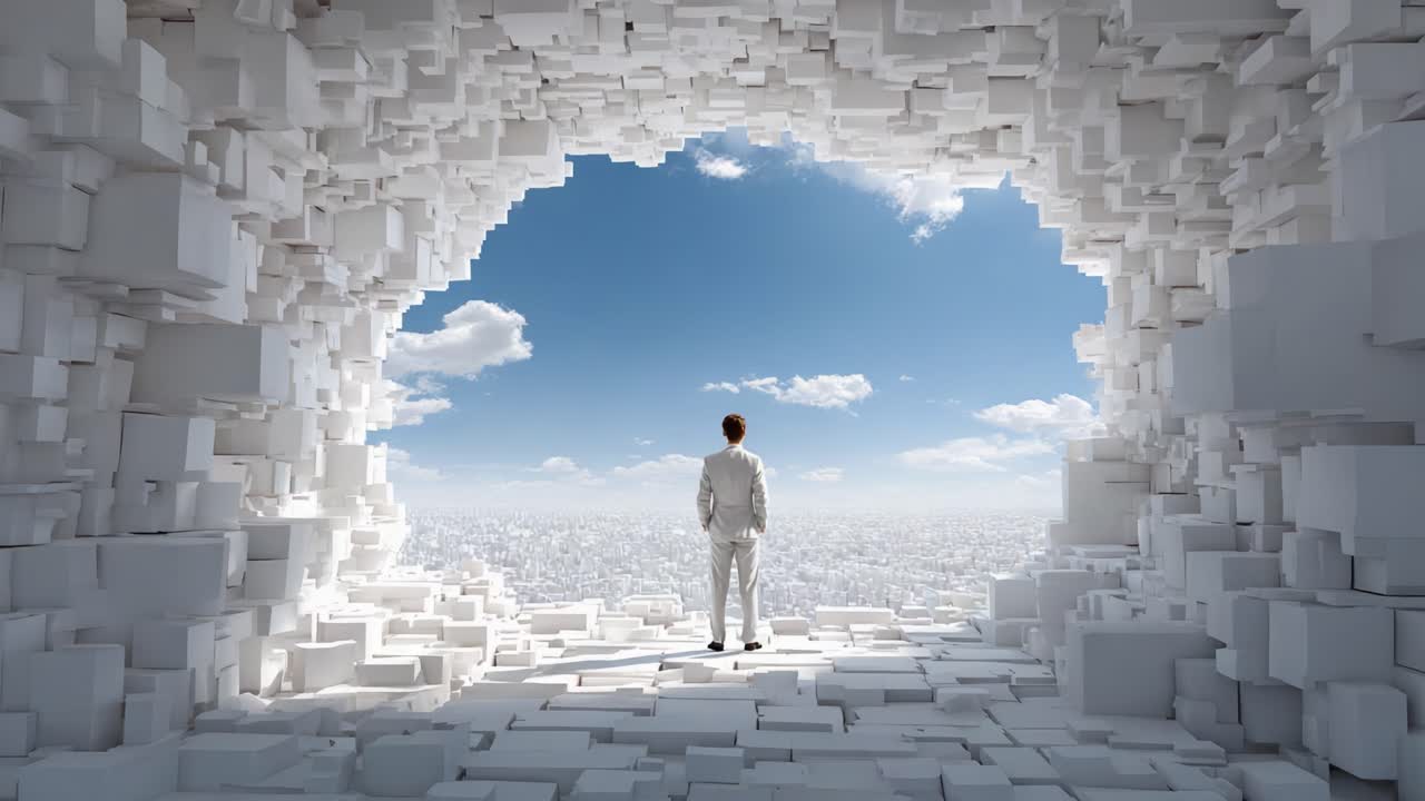 A Solitary Figure in White Contemplates Infinite Possibilities Beyond a Cubist Window Overlooking a Bright, Cloudy Skyline, Symbolizing Hope and Exploration