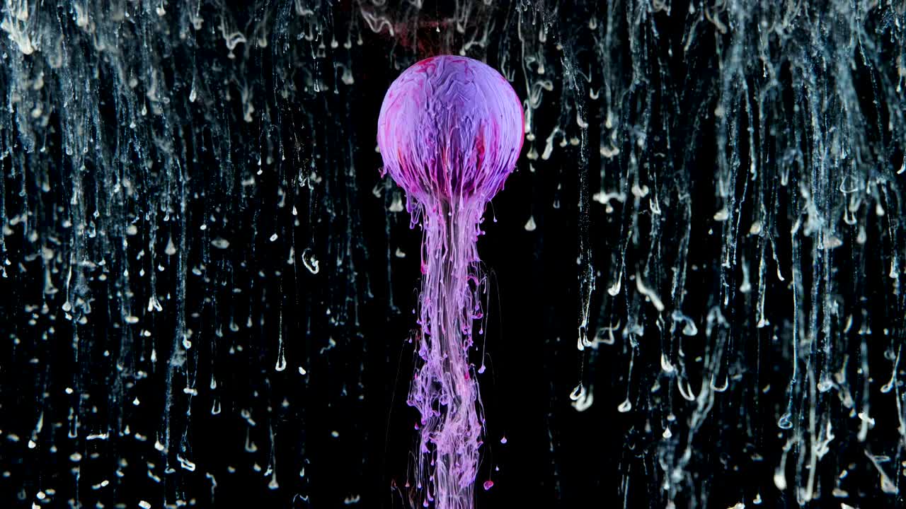 Multicolored ink paint slowly flows from the ball