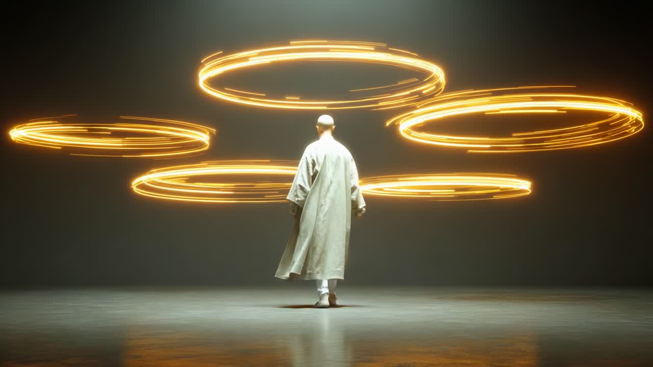 A mystical figure in a flowing robe stands in serene meditation, surrounded by glowing golden rings, embodying enlightenment, grace, and deep spiritual insight in a captivating visual experience