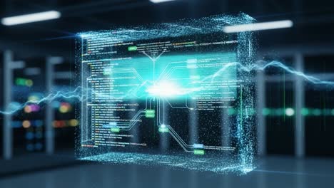visual representation of a dynamic digital data flow display, showcasing advanced programming code and complex network connections through a futuristic interface