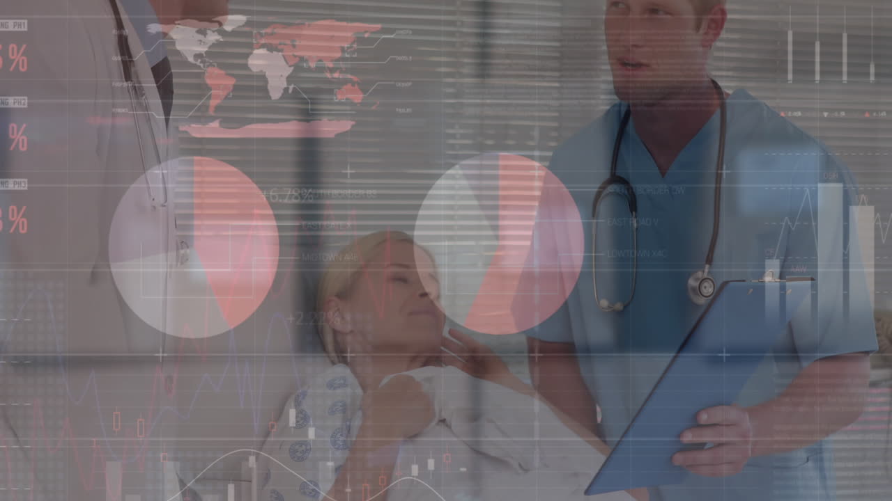 анимация обработки данных над кавказскими врачами с пациентом.