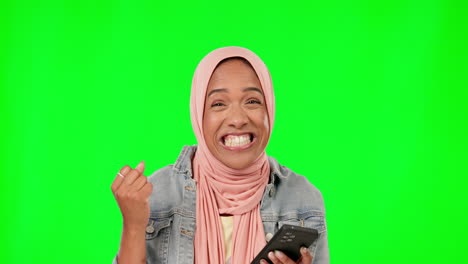 Green-screen,-phone-and-woman-winning