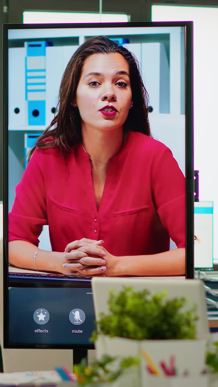 Vertical video Diverse team of coworkers talking with project manager using web cam