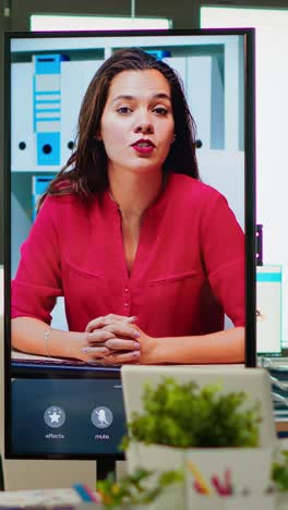 vertical video diverse team of coworkers talking with project manager using web cam