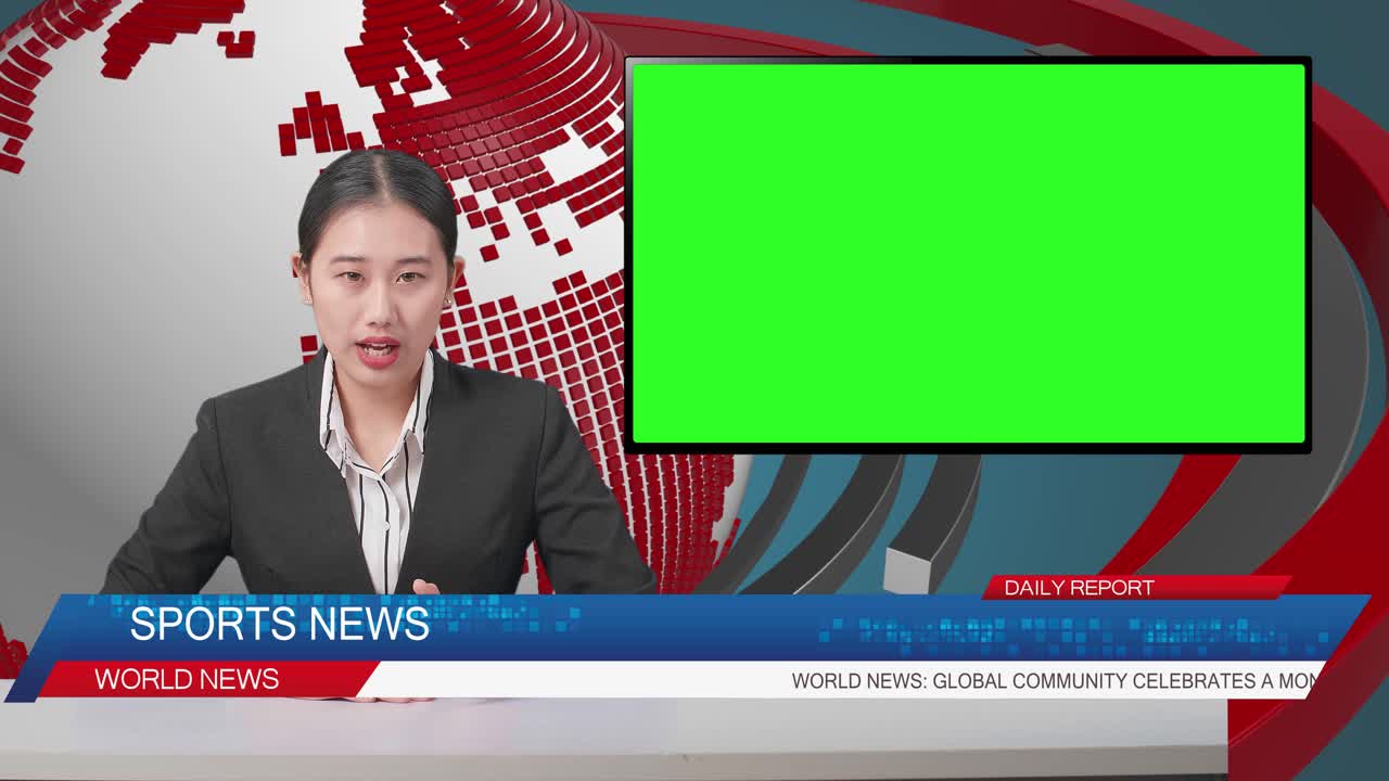 Live News Studio With Asian Professional Female Anchor And Green Screen Television Reporting On The Events Of The Day
