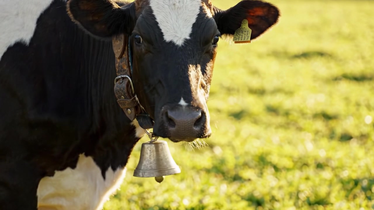 Een close-up van een zwart-witte melkkoe met een bel om haar nek in een weelderig groene weide, die de essentie van het rustieke boerenleven en de schoonheid van de natuur vastlegt.