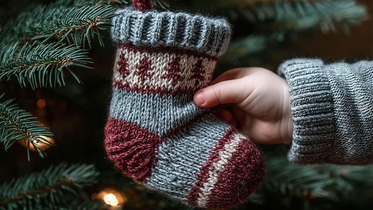 A Cozy Handcrafted Christmas Stocking Hanging from a Tree, Showing Textile Patterns and Seasonal Cheer Amongst Twinkling Lights