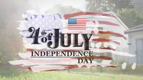 animation of independence day text over african american family and flag of usa