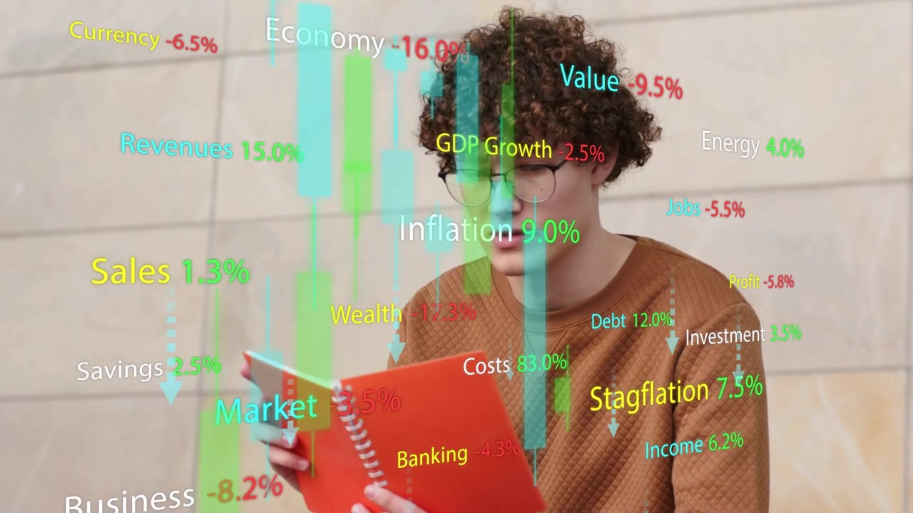Man opening orange-red notebook and studying, translucent finance overlay appearing, charts rising