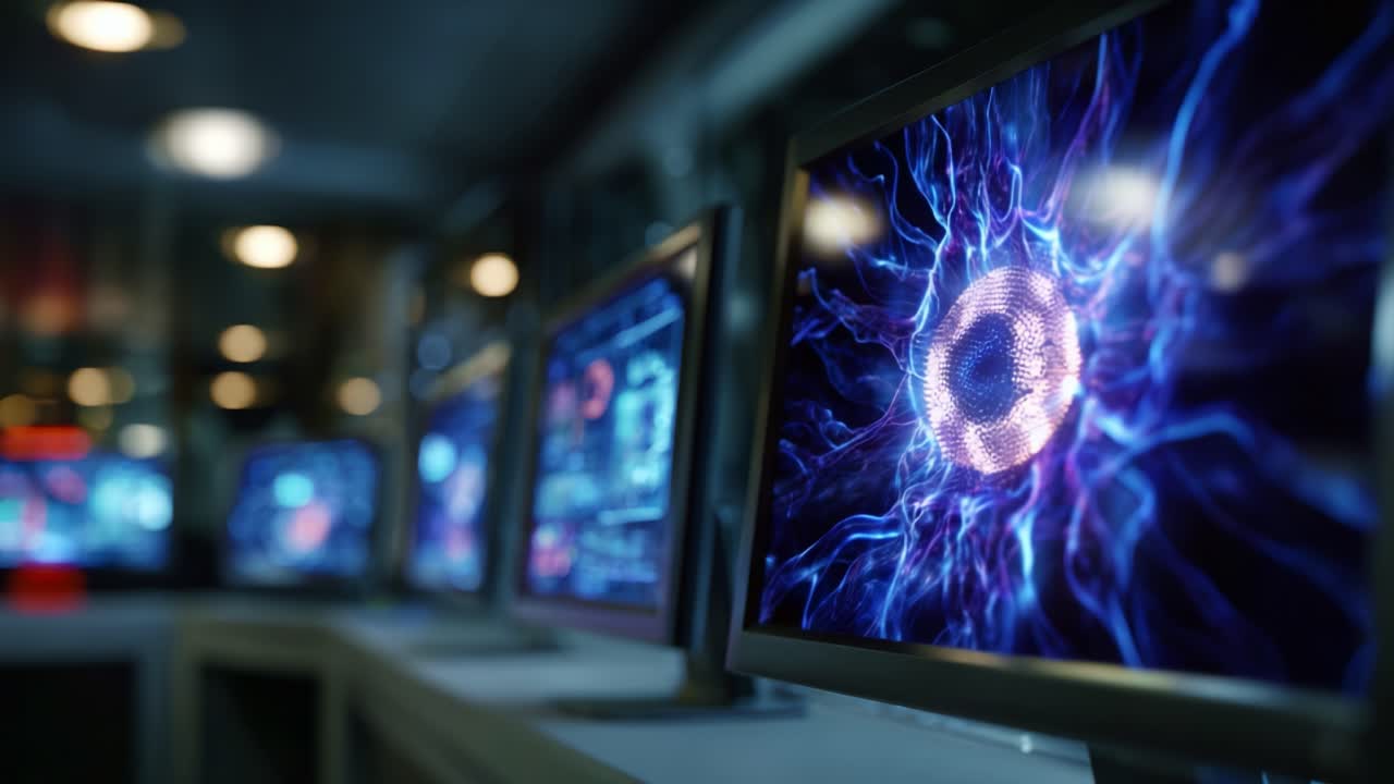 Rappresentazione vivace di eterei pattern energetici su monitor di computer che catturano l'affascinante fusione tra arte digitale e tecnologia avanzata in un ambiente moderno