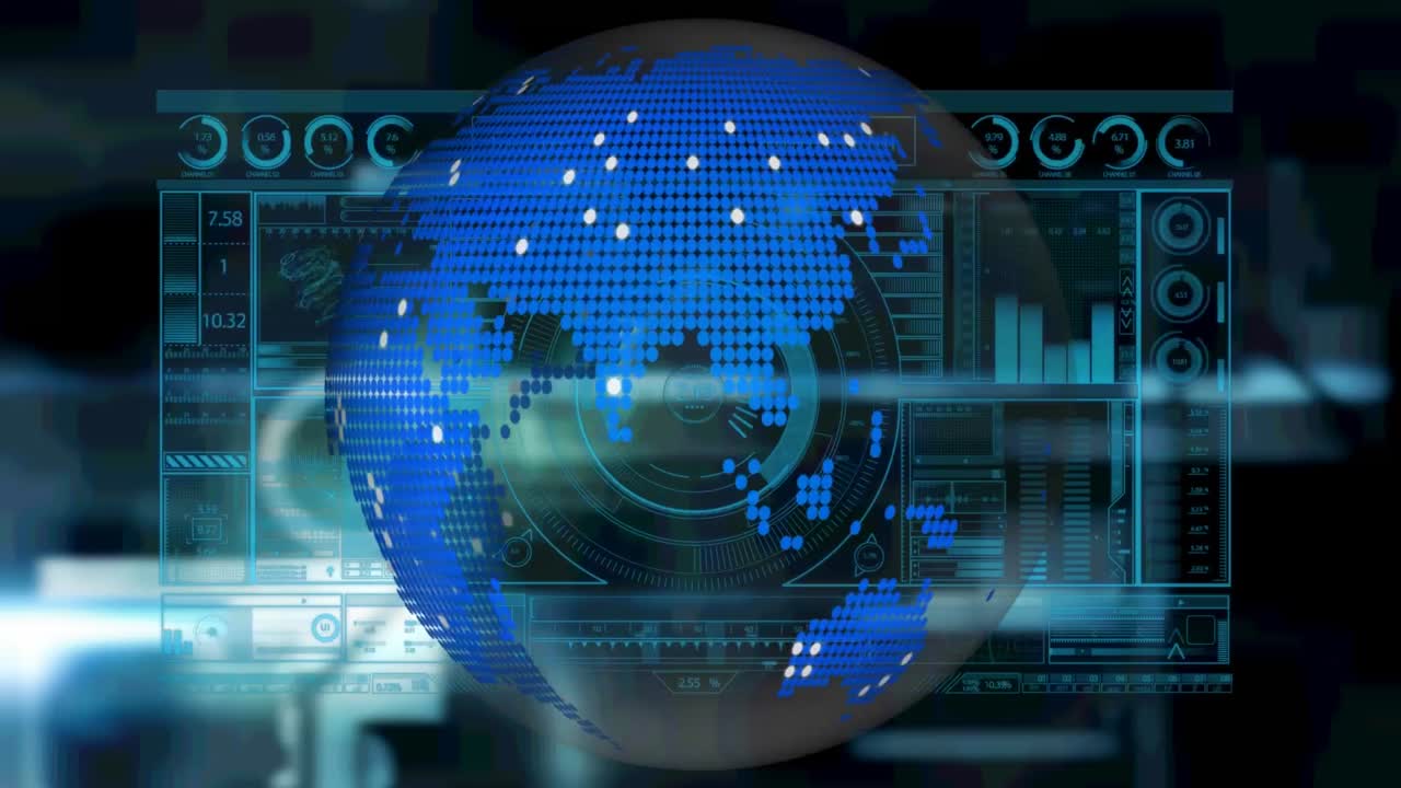 Animation of globe over data processing on screen on black background