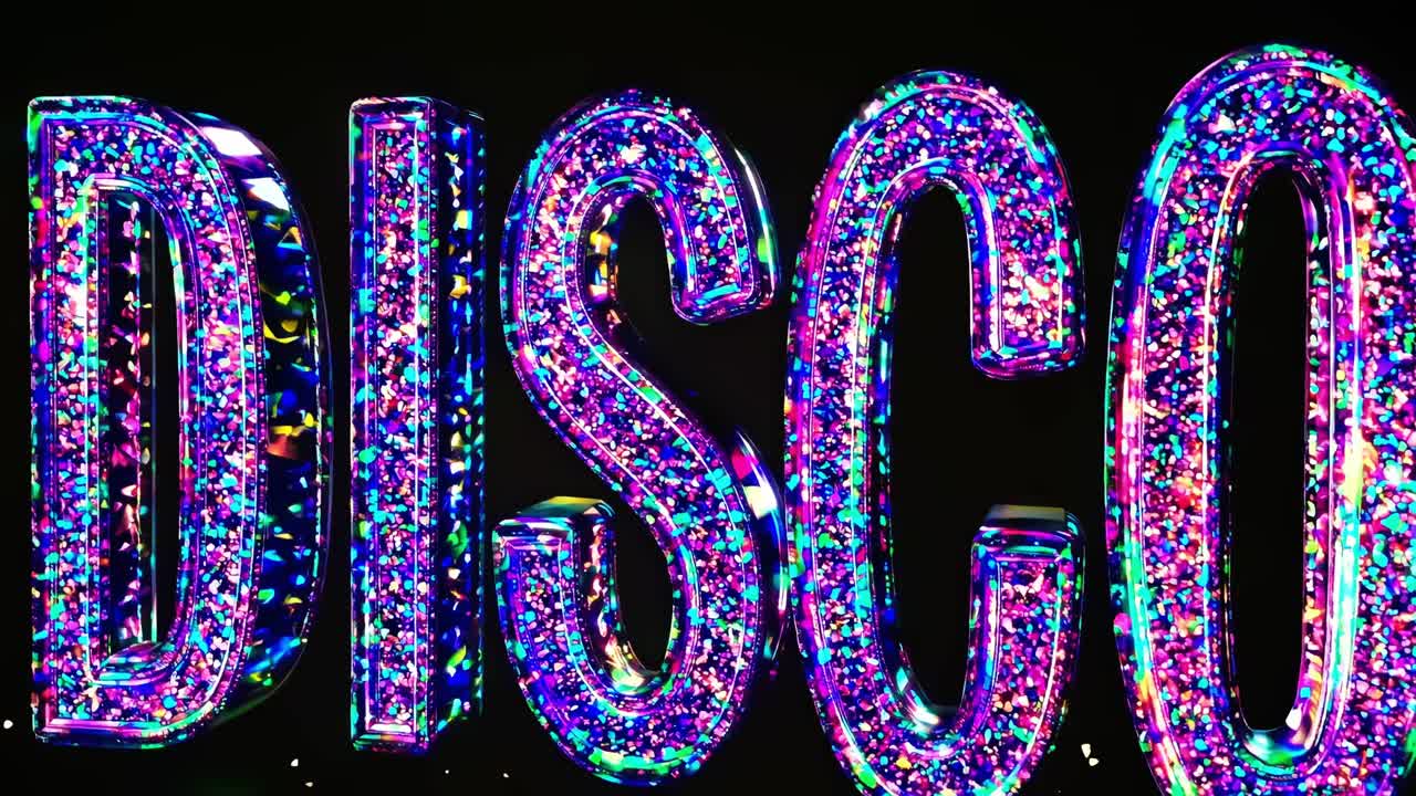 Colorful, glittering disco letters shining brightly against a black background, creating a vibrant and energetic atmosphere perfect for music, dance, and nightlife themes