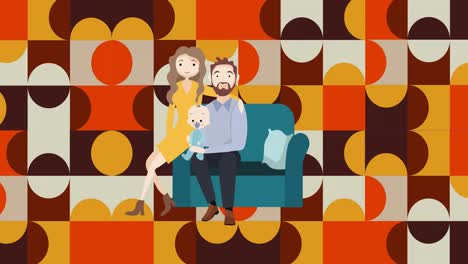 Animation-of-illustration-of-happy-parents-holding-baby,-on-retro-patterned