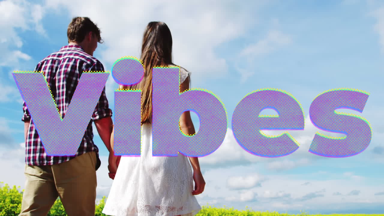 animación de vibraciones texto sobre pareja feliz al aire libre