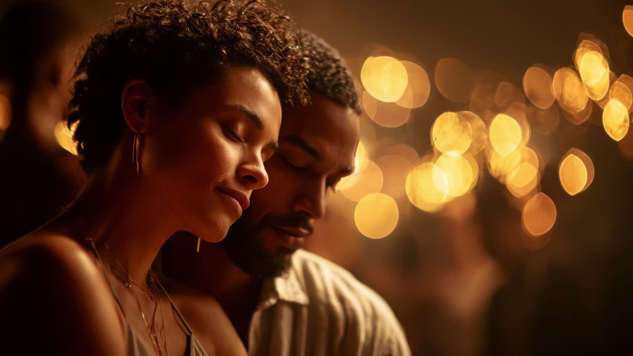 A beautiful moment shared between two people, enveloped in warmth and intimacy amidst a dreamy backdrop of softly glowing lights, capturing the essence of connection and love