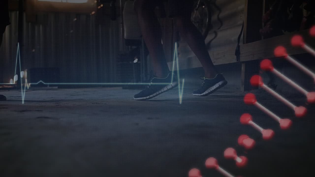 Animation of cardiograph and dna strand over diverse people boxing
