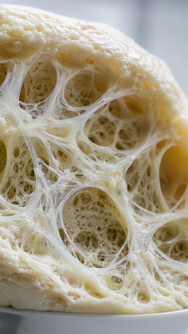 Extreme macro view of dough interior as translucent gluten strands stretch and thin between irregular air pockets, with crumb opening slowly and revealing soft porous structure under diffused daylight