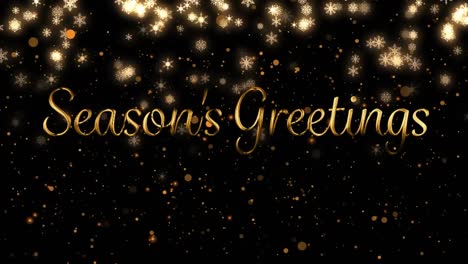 animation of seasons greetings text over snow falling on black background