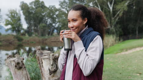 Coffee,-drink-or-happy-woman-camping