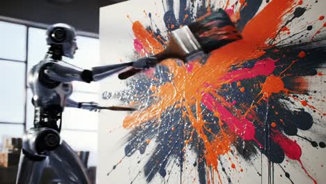 a robot artist skillfully splashes vibrant orange and pink paint onto a large canvas in a contemporary studio space. its movements showcase a unique blend of technology and creativity.