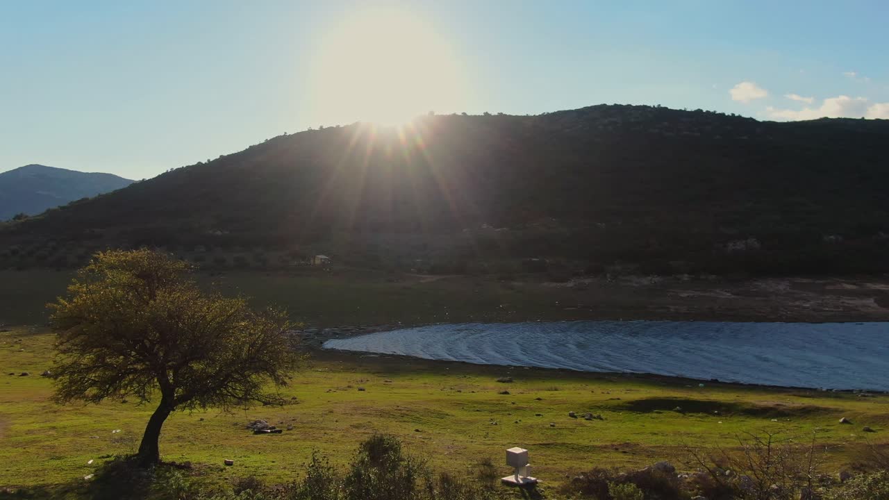화창한 날 푸른 초원과 호수 연안의 모습