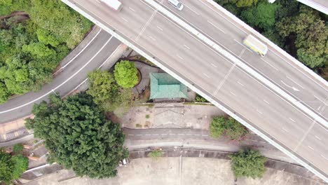 Pok-Ngar-Villa-ornate-gatehouse-remains,-Sha-Tin-area-in-Hong-Kong,-Aerial-view